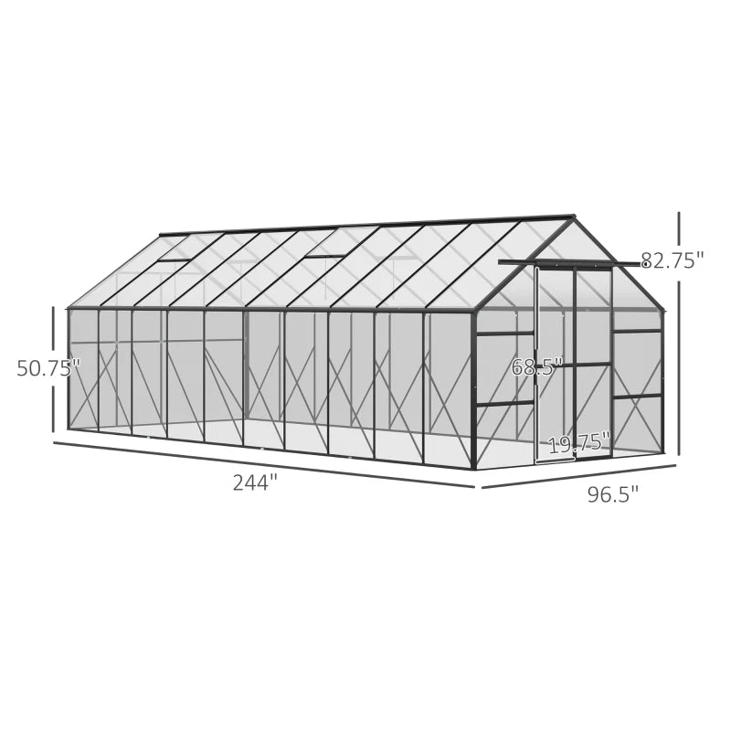 20' x 8' Greenhouse Polycarbonate Walk-in Greenhouse w/Roof Vent, Sliding Door